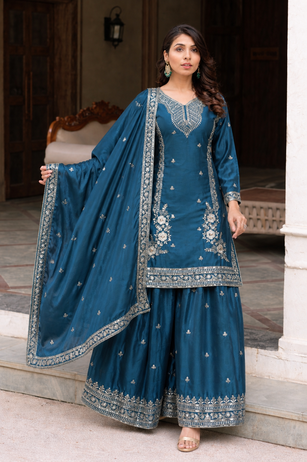 Blue kurti and sharara with dupatta