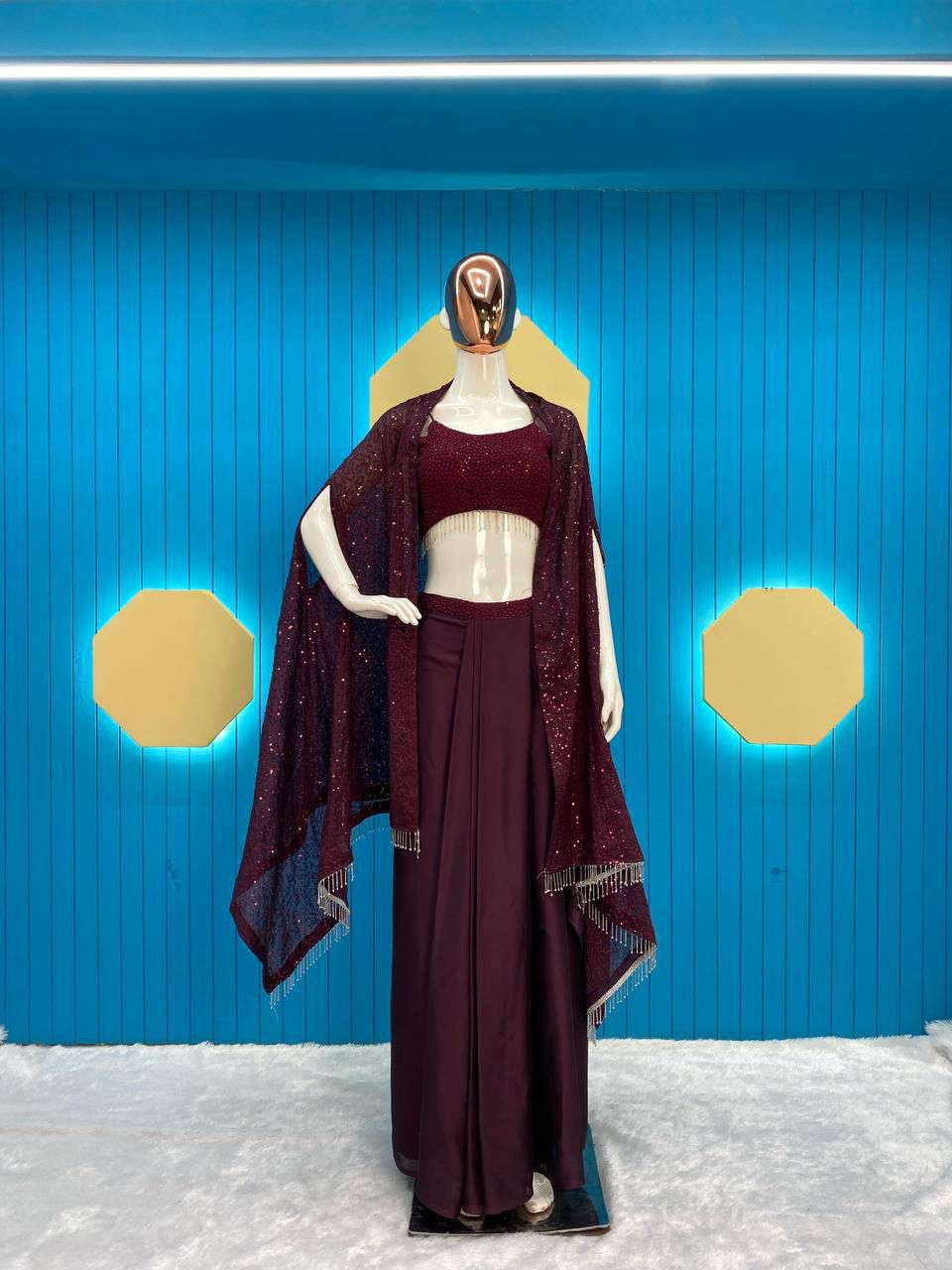 Purple pleated dhoti with top and cape jacket set