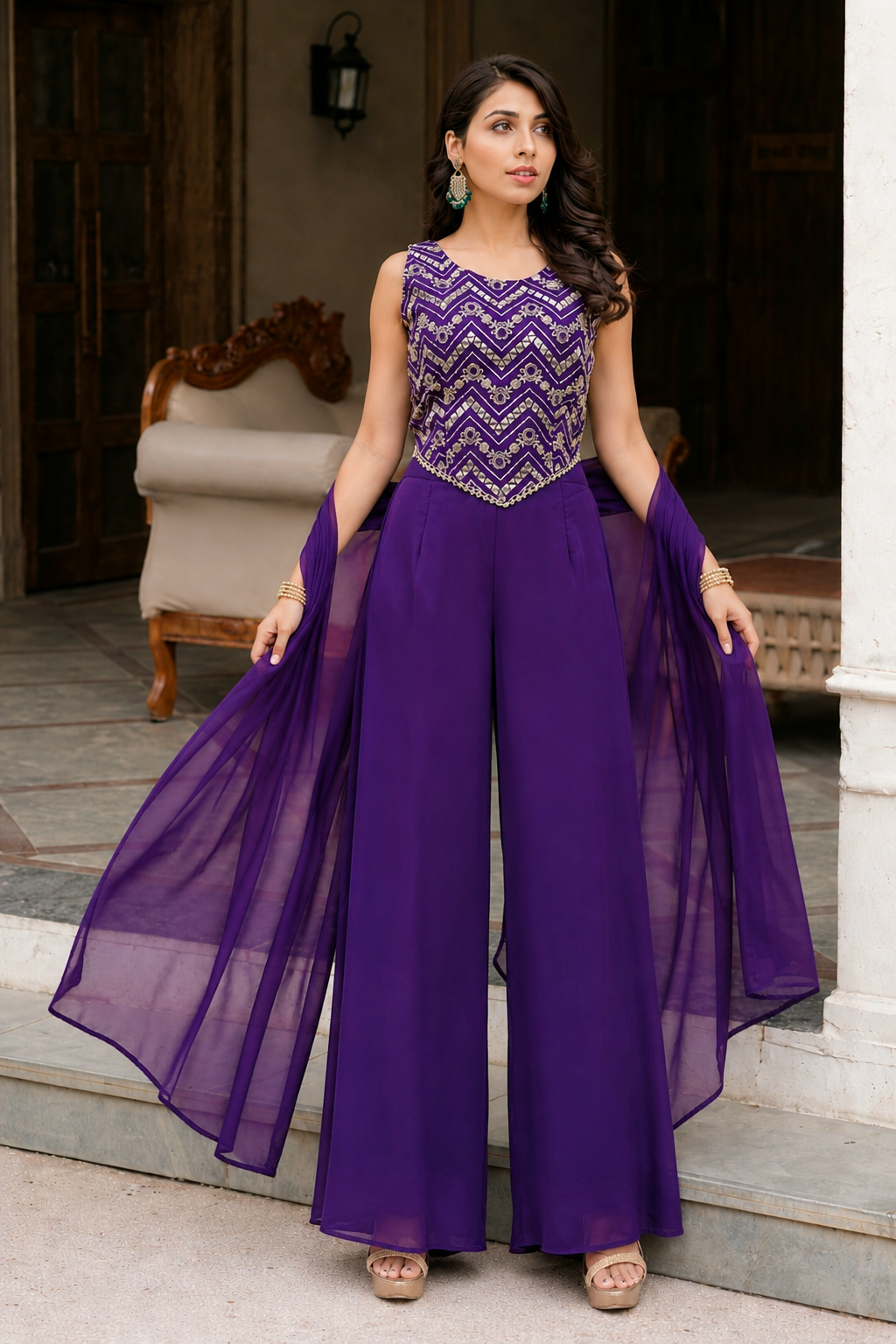 Purple crop top with palazzo and dupatta set