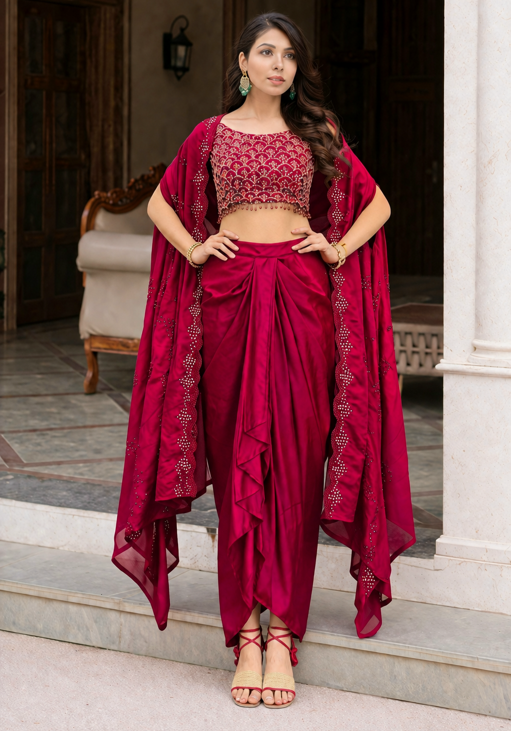 Red top with dhoti skirt and cape shrug set