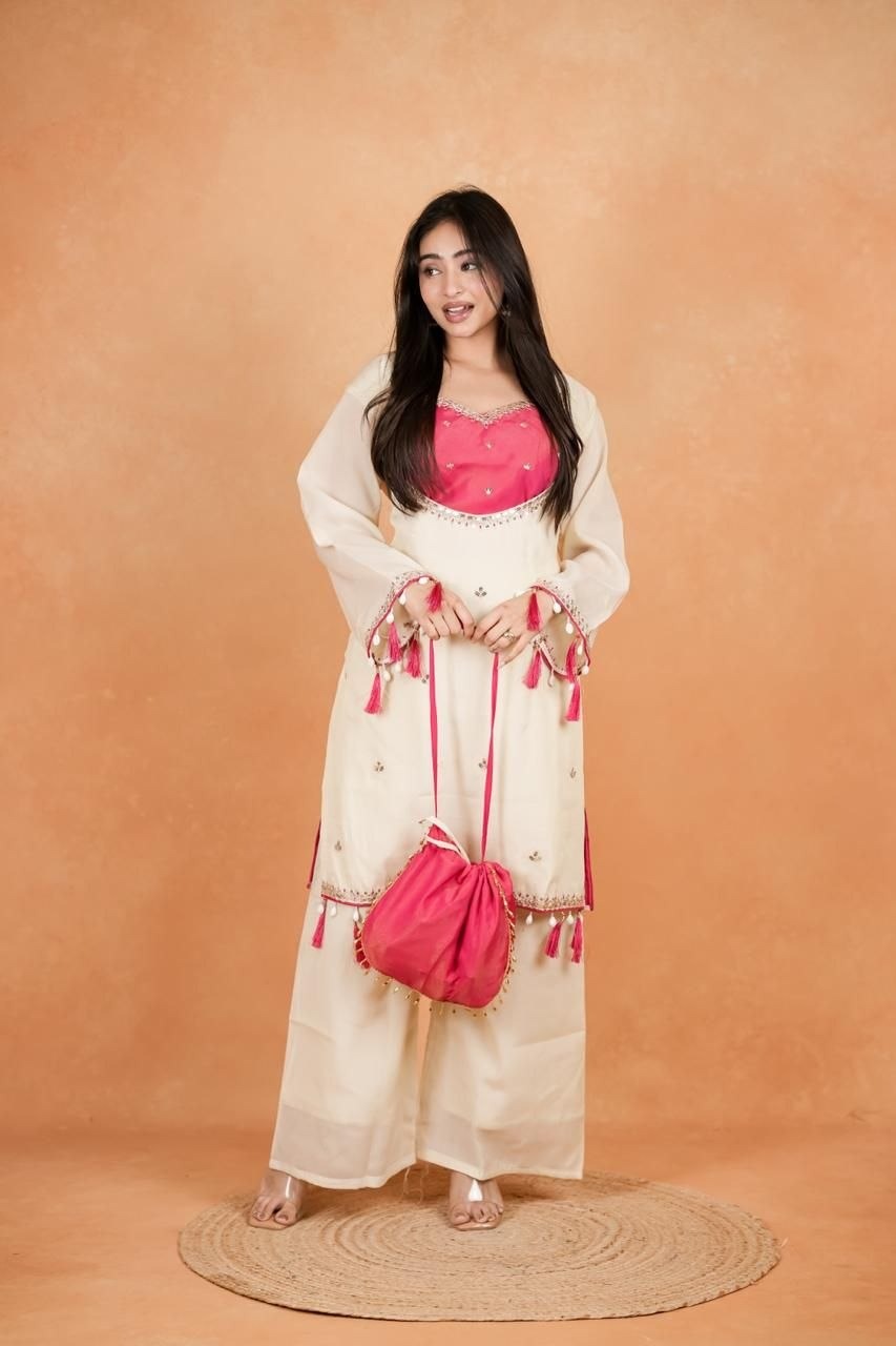 Off white bustier top kurta set with bottom