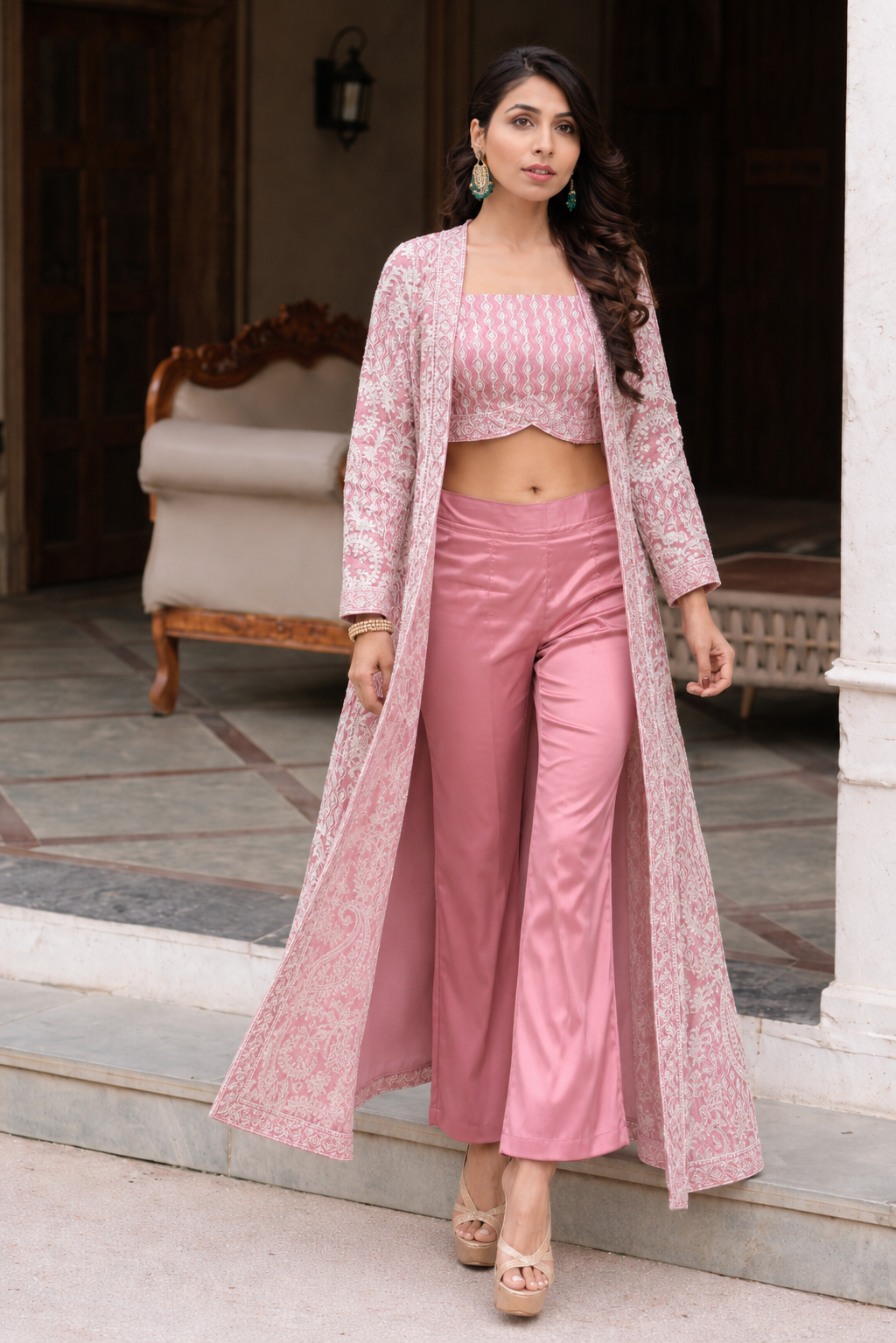 Pink indo western top with jacket and pent