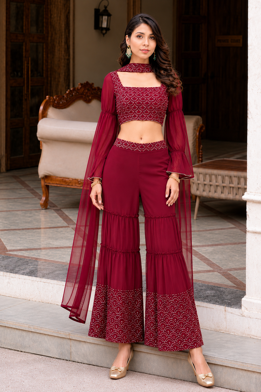 Maroon crop top with sharara and dupatta set