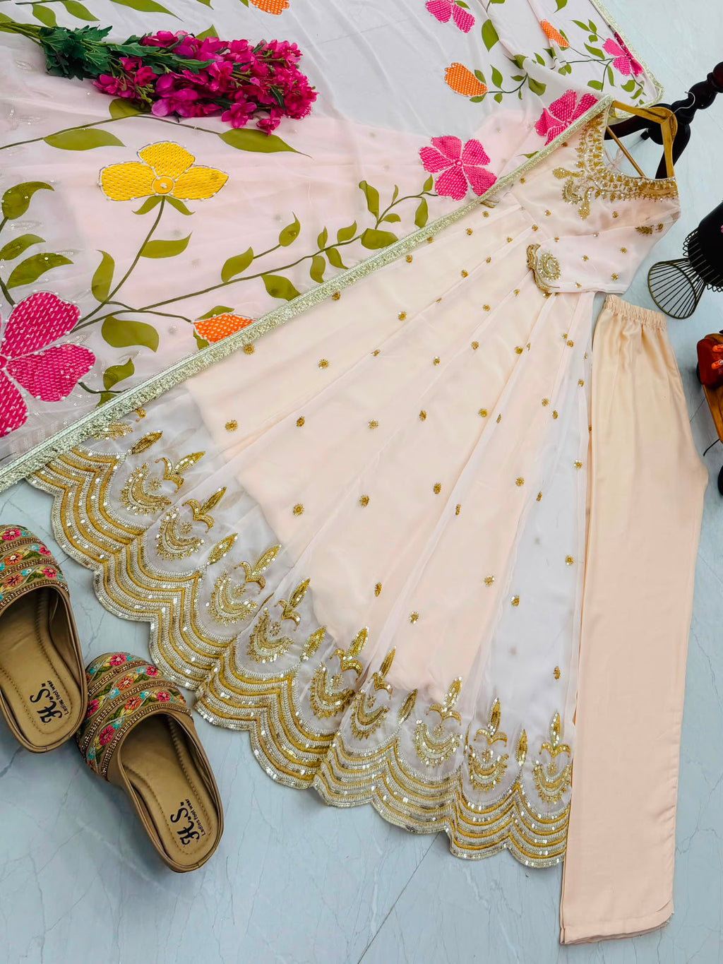 Peachy Pink flaired anarkali suit with pent and dupatta set