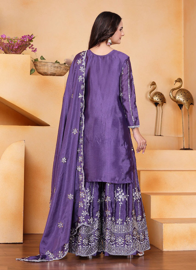 Purple kurti with flaired palazzo and dupatta set