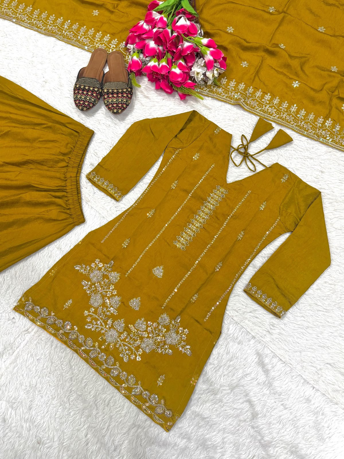 Yellow kurti with palazzo and dupatta set