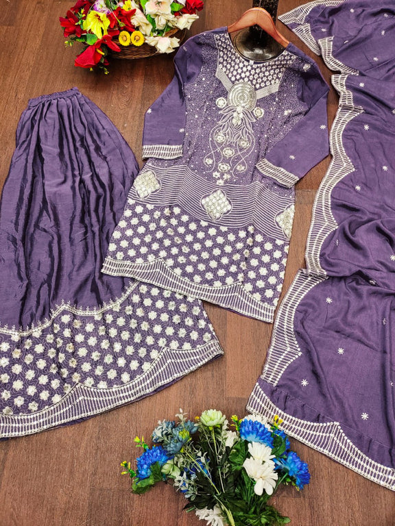 Purple kurti with flaired palazzo and dupatta set