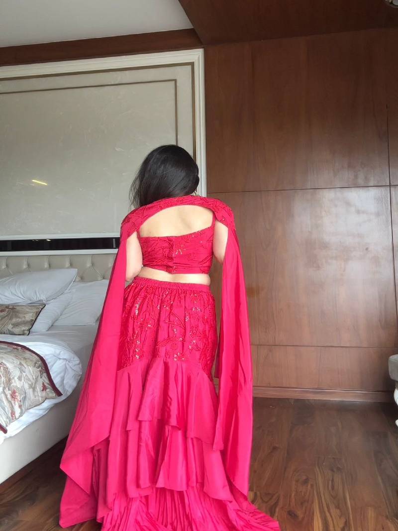 Pink fish cut lehenga with top and shoulder cape set