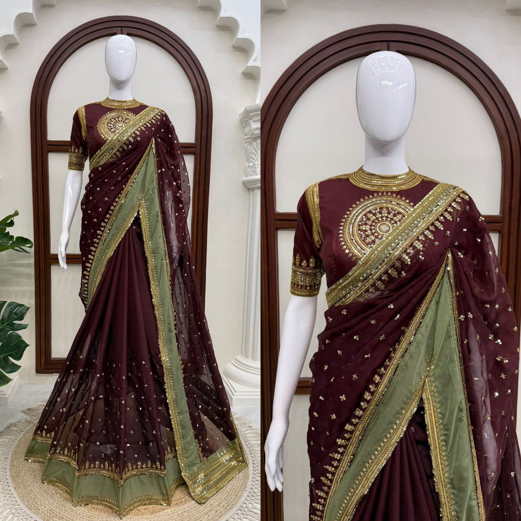 Maroon silk saree with high neck blouse