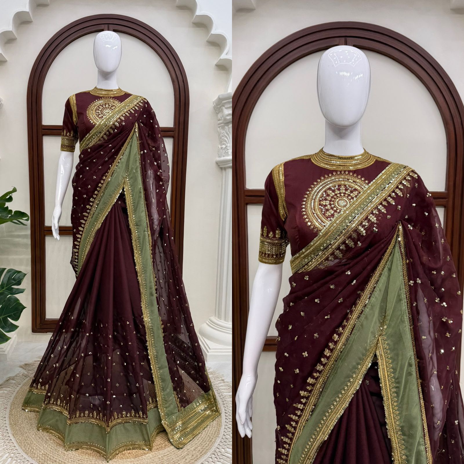 Maroon silk saree with high neck blouse