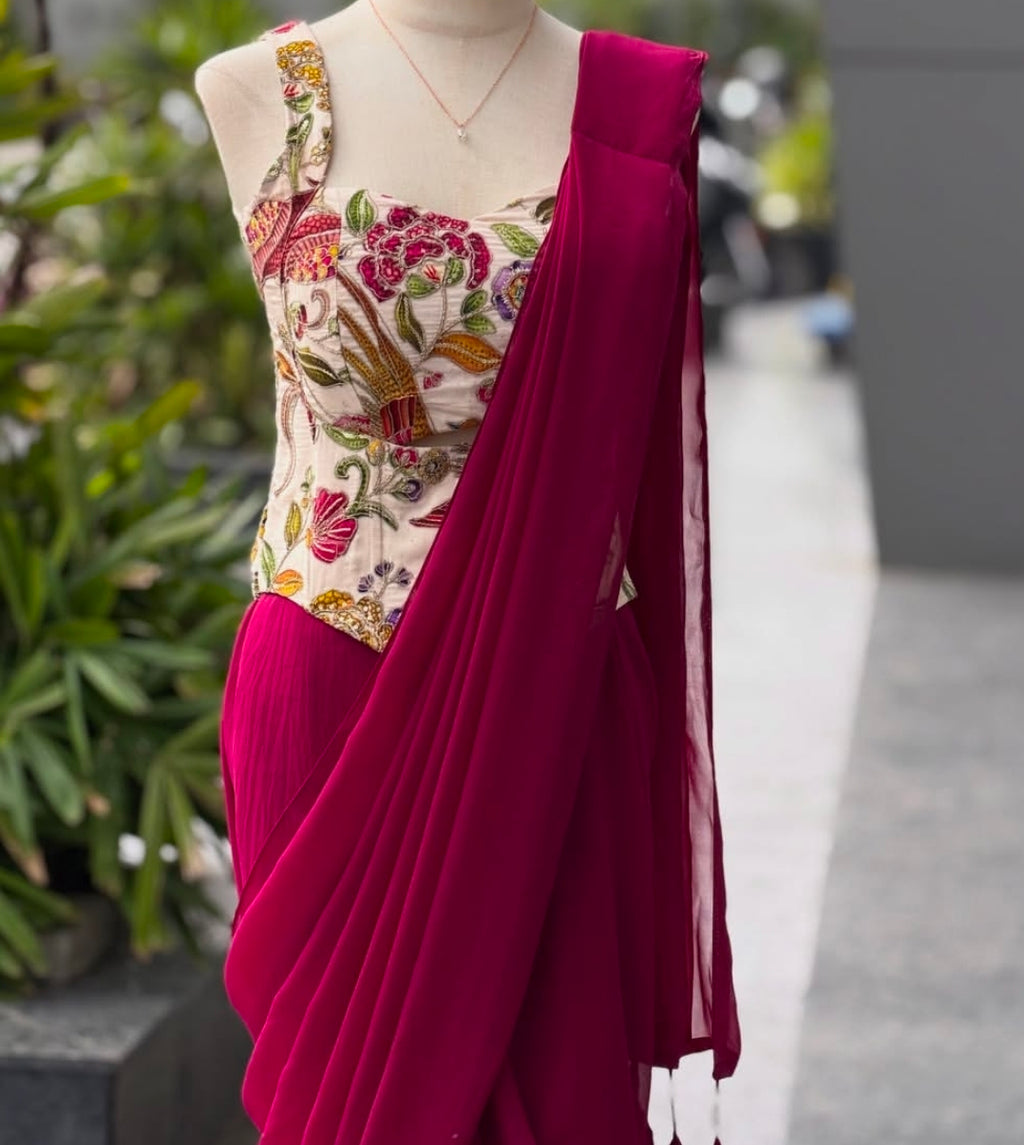 Pink ready to wear corset saree with blouse