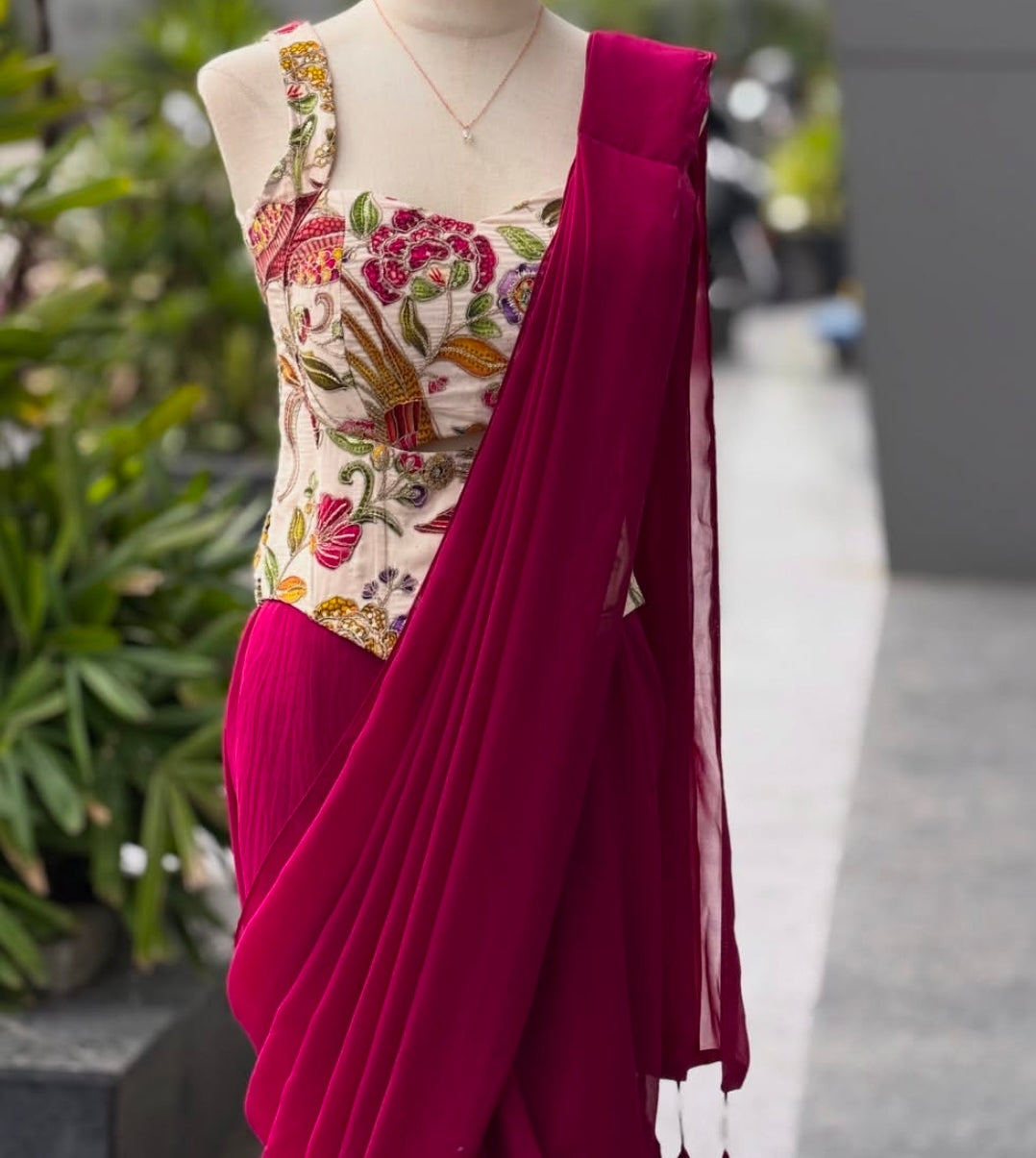 Pink ready to wear corset saree with blouse