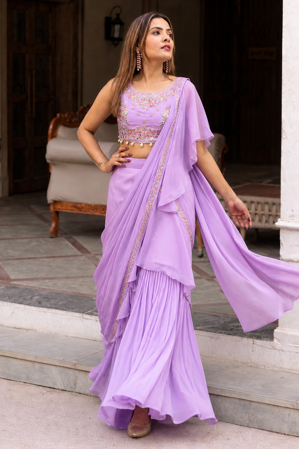 Purple indo western sharara saree with blouse