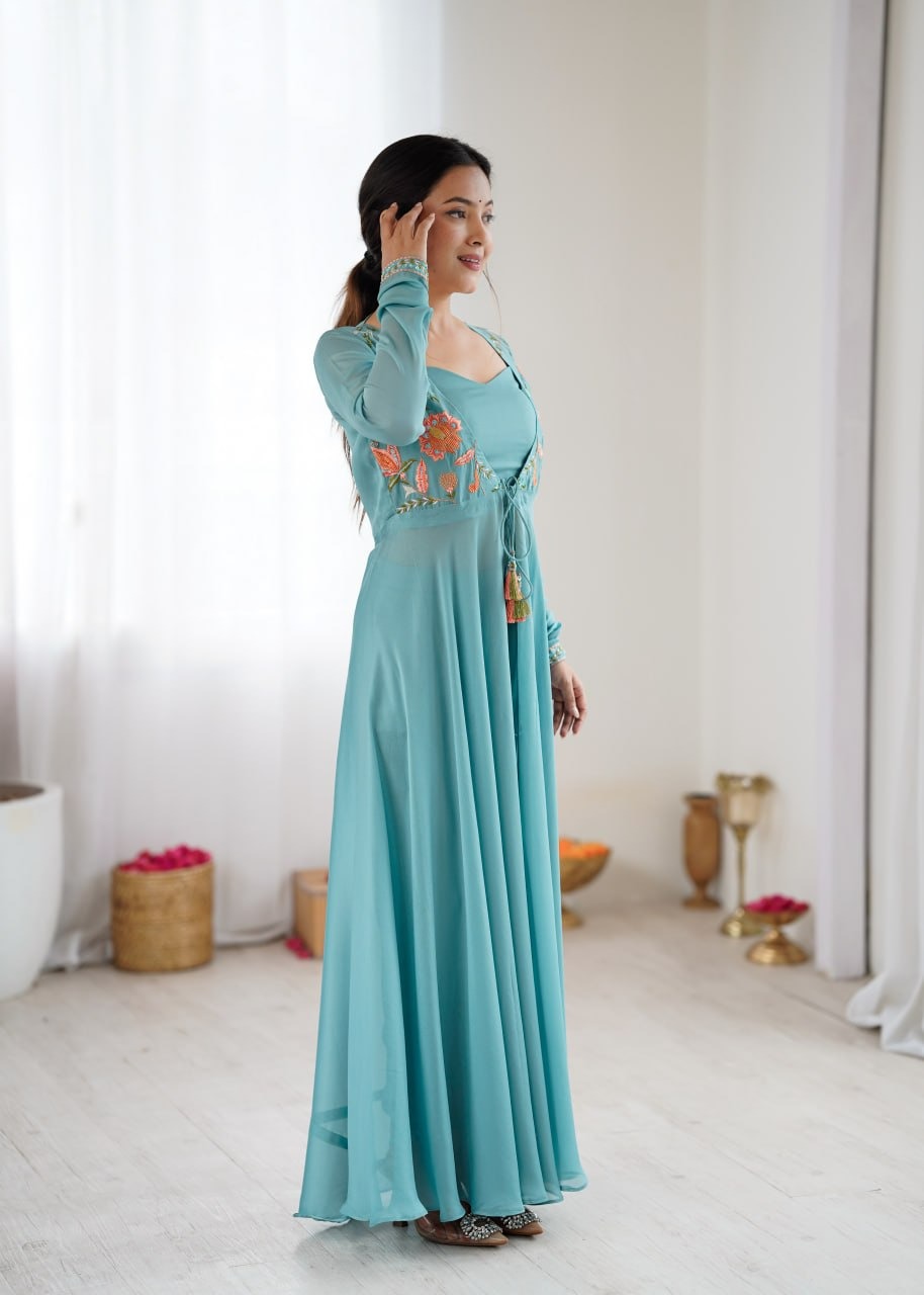 Blue long jacket with top and pent set
