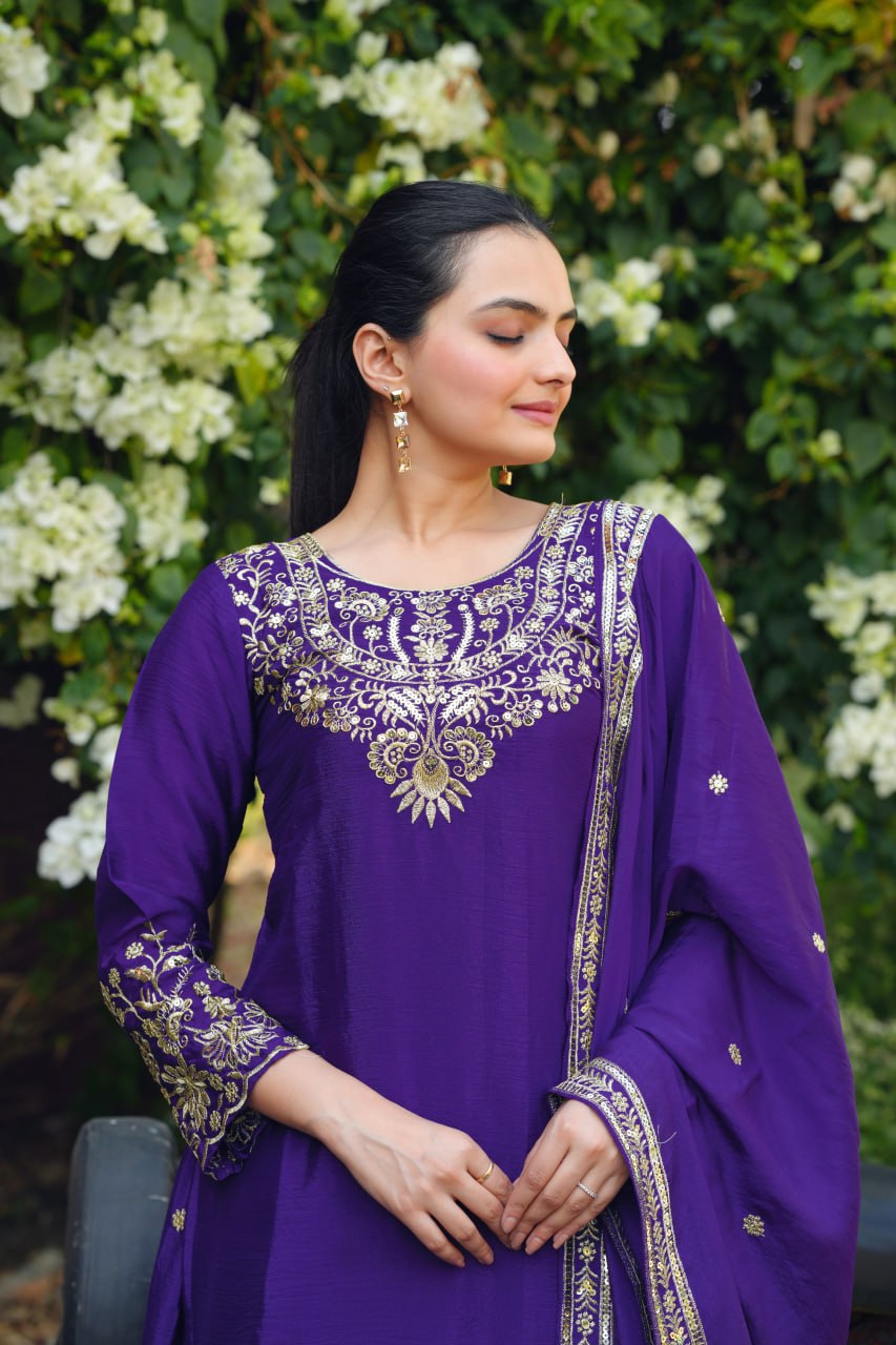 Purple kurti with flaired palazzo and dupatta set