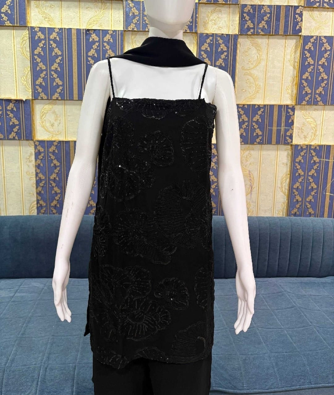 Black sleeveless kurti with palazzo and dupatta set