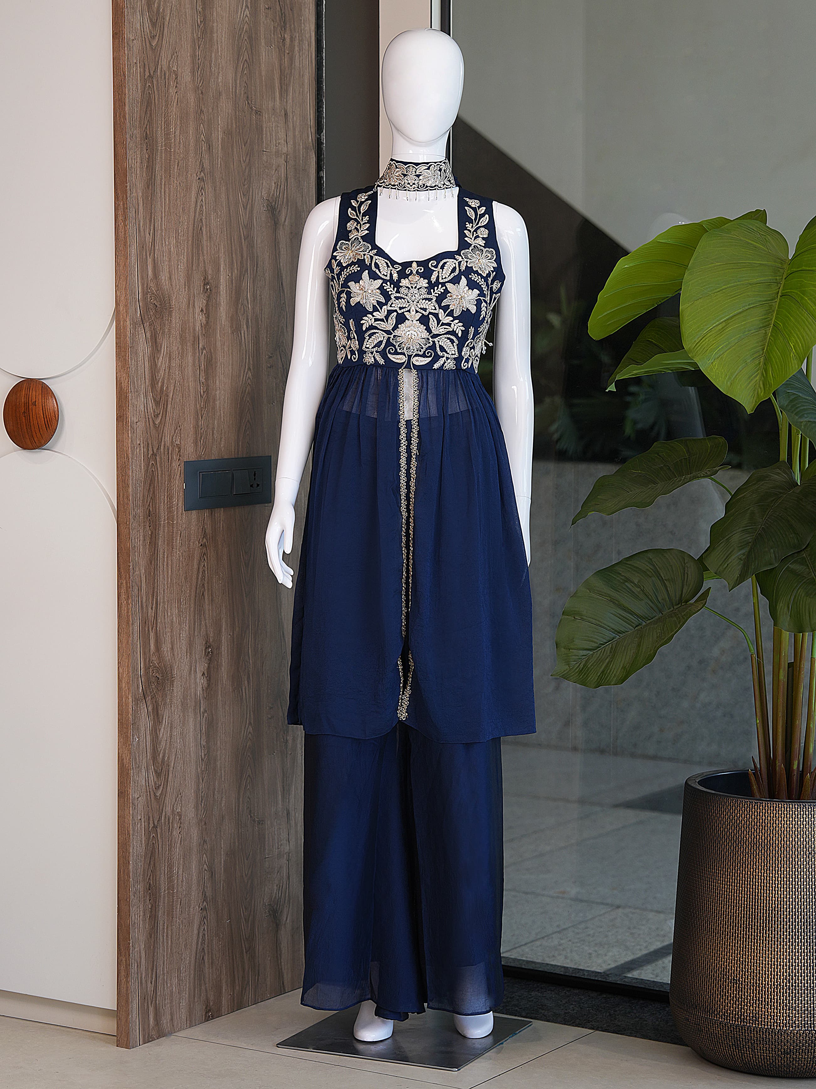Blue front slit kurta set with palazzo and dupatta set