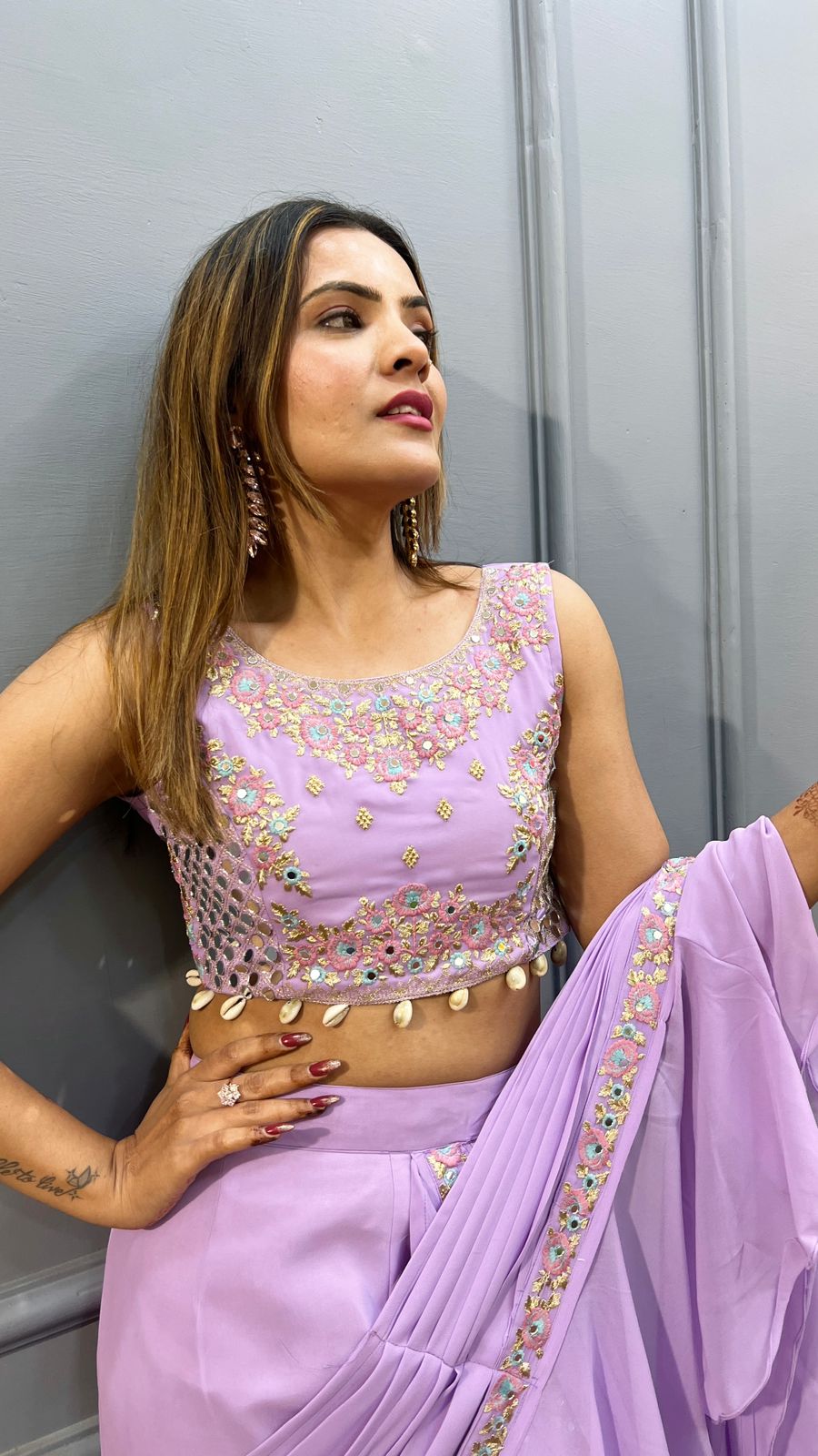 Purple indo western sharara saree with blouse