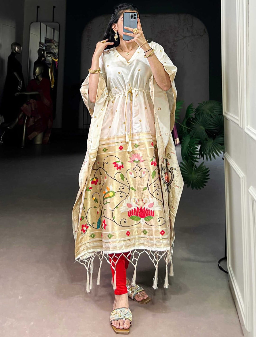 White pathaini silk kaftan with leggings