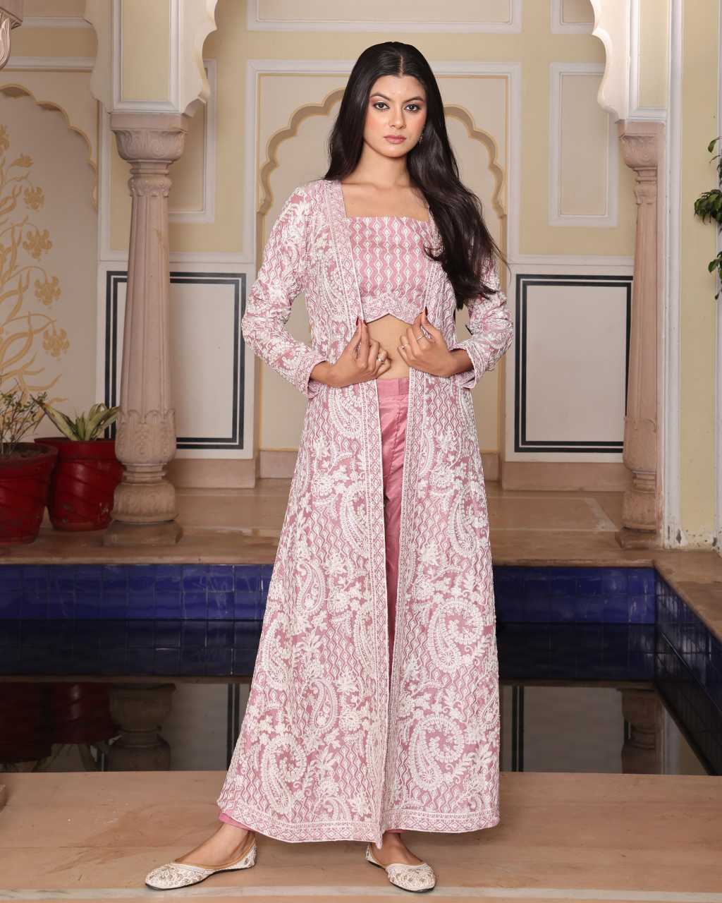 Pink indo western top with jacket and pent