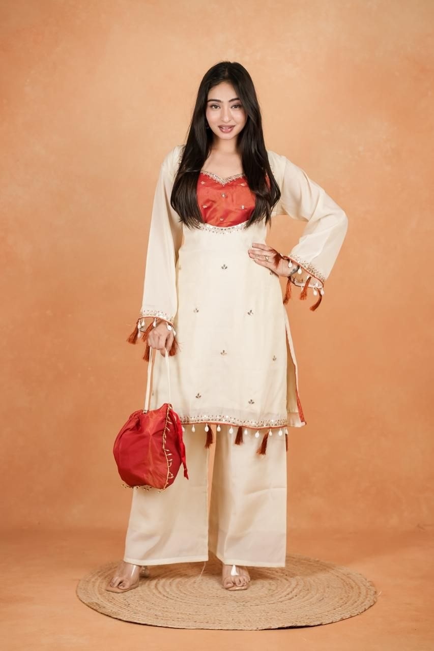 Off white bustier top kurta set with bottom