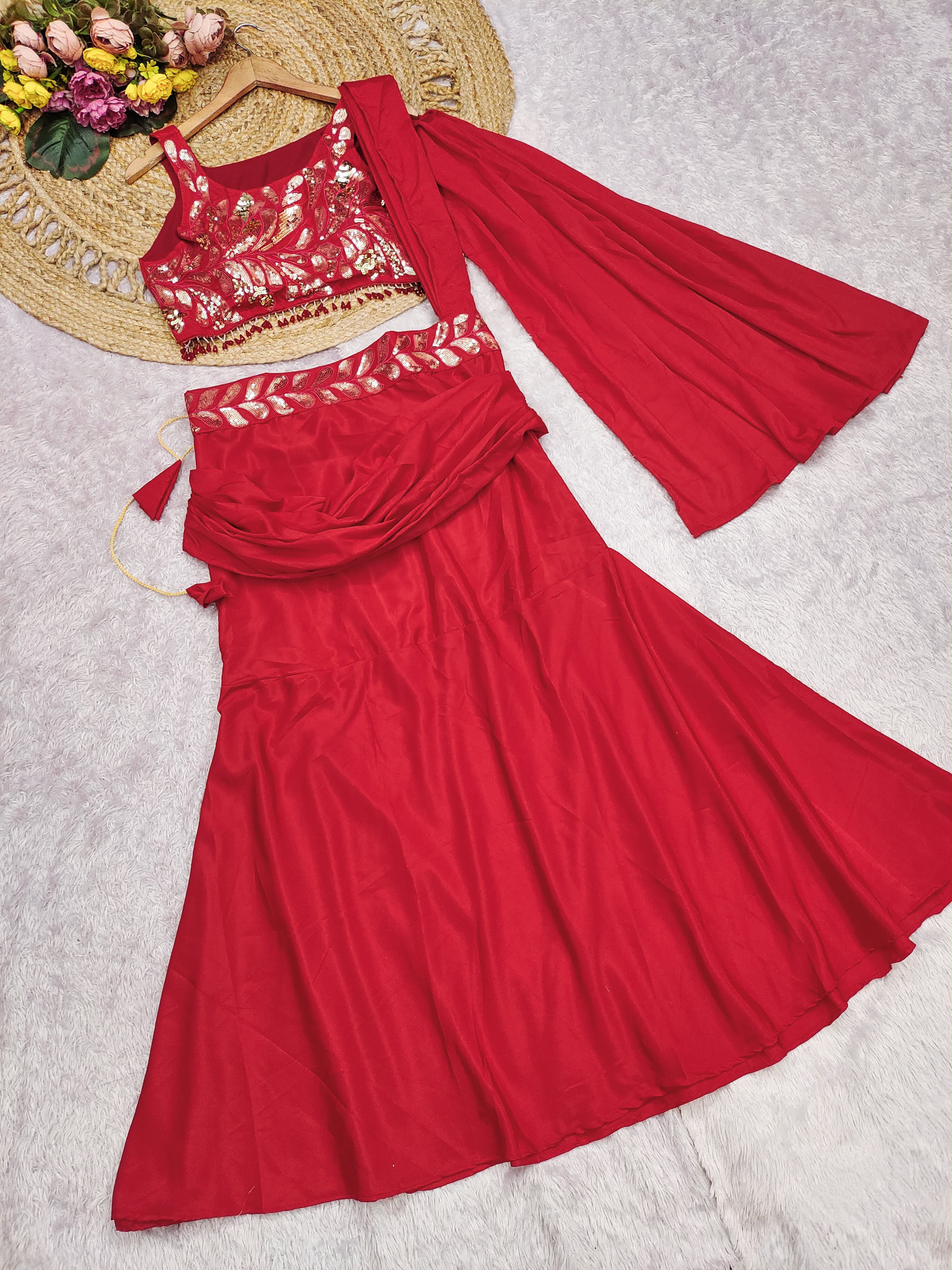 Red indo western top with skirt and attached drape