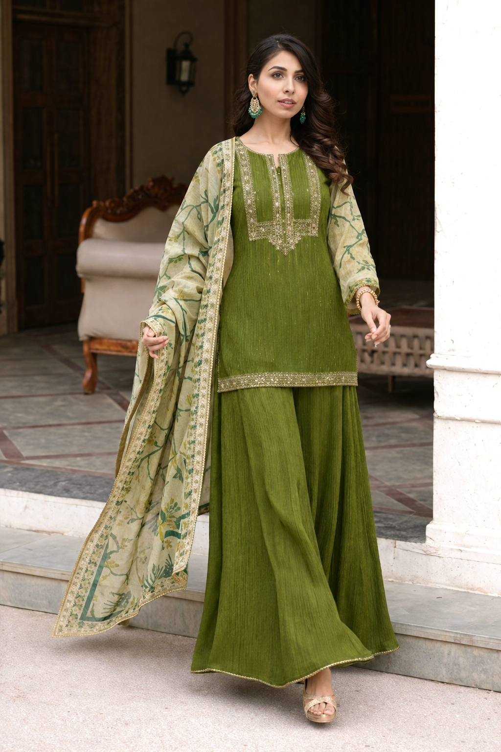 Green kurti with palazzo and printed dupatta set