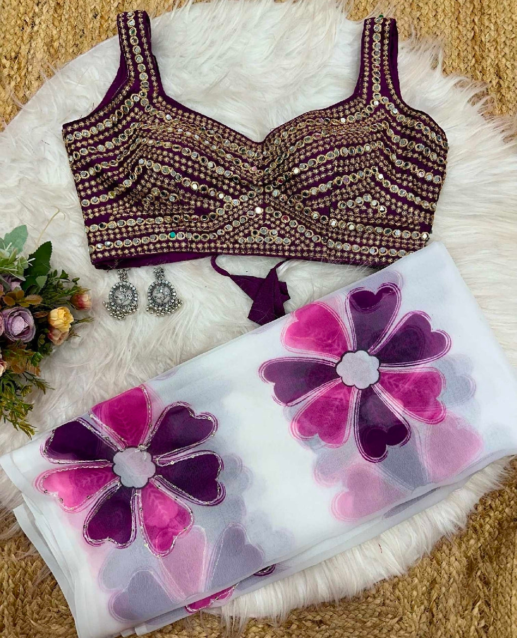 White floral printed saree with blouse