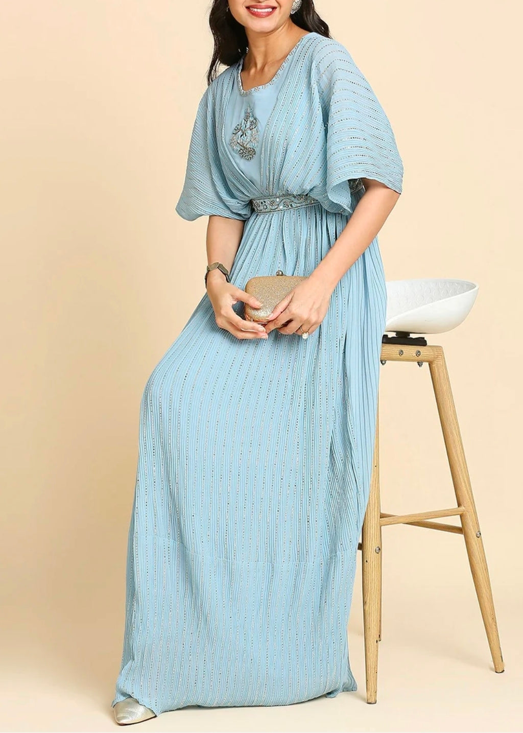 Ice blue off shoulder gown with belt