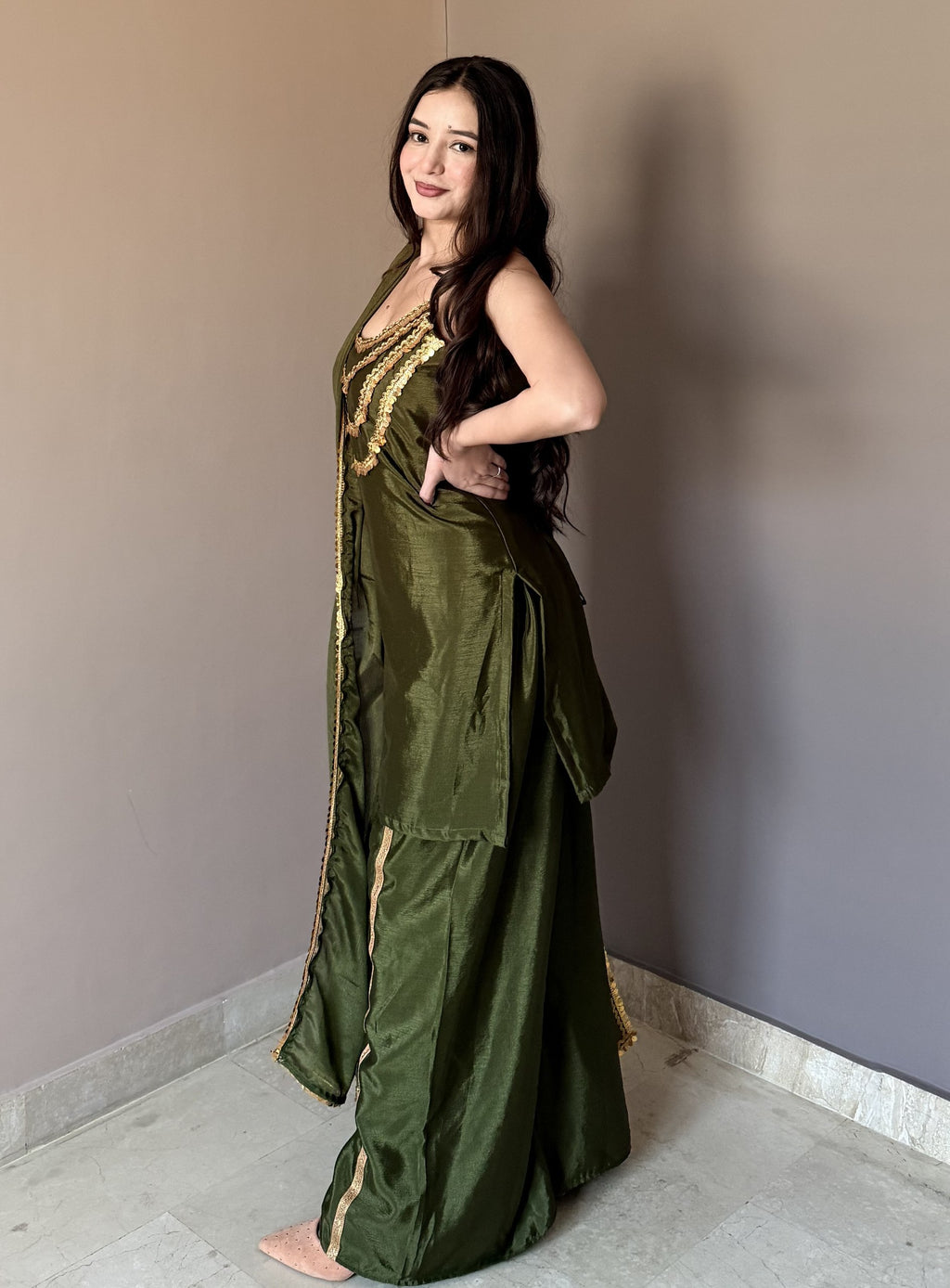 Green corset kurta with palazzo and dupatta