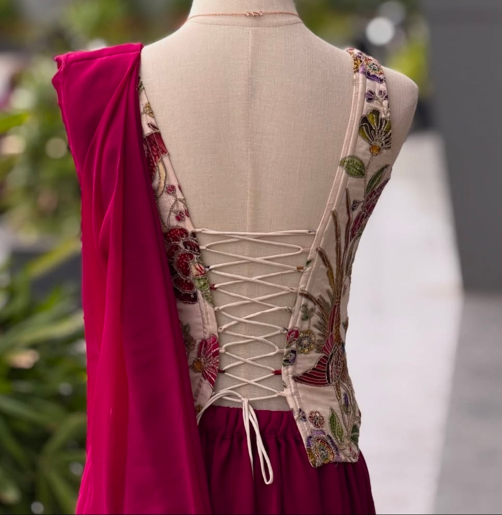 Pink ready to wear corset saree with blouse