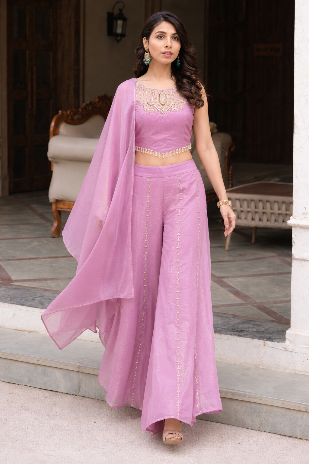 Pink indo western corset top with flaired palazzo