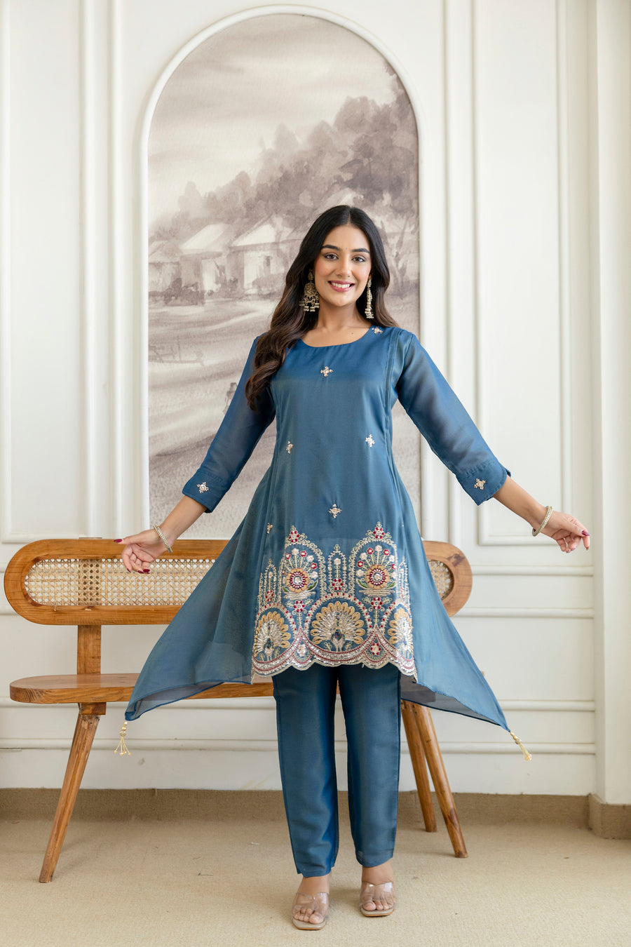 Blue a line kurti with pent set