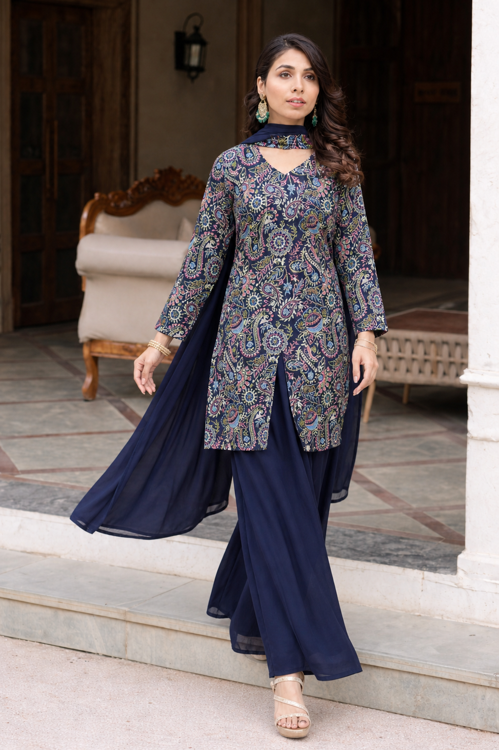 Blue front slit kurti with bottom and dupatta set