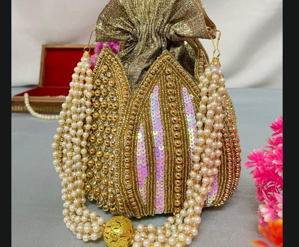 Gold pearl beaded potli bag