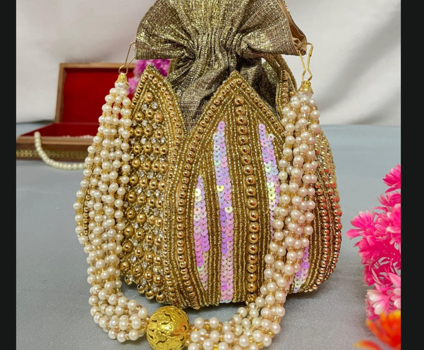 Gold pearl beaded potli bag