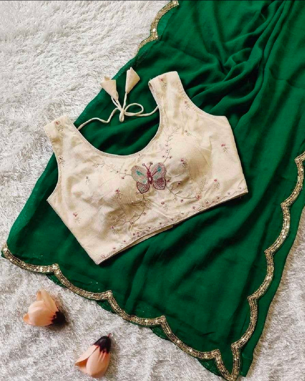 Green silk saree with white blouse