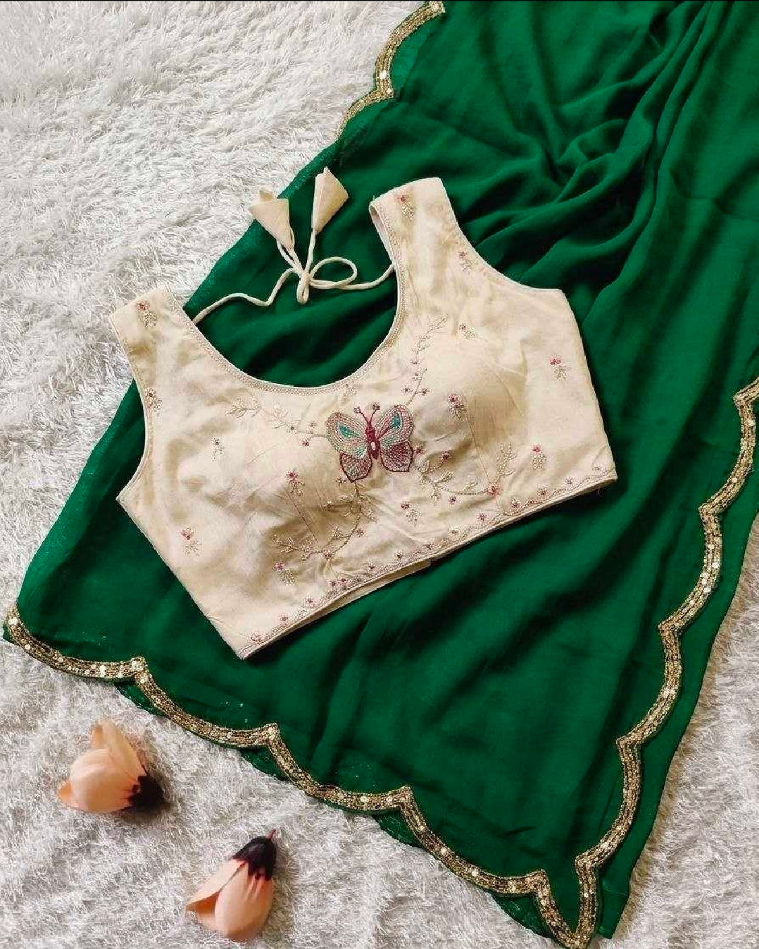 Green silk saree with white blouse