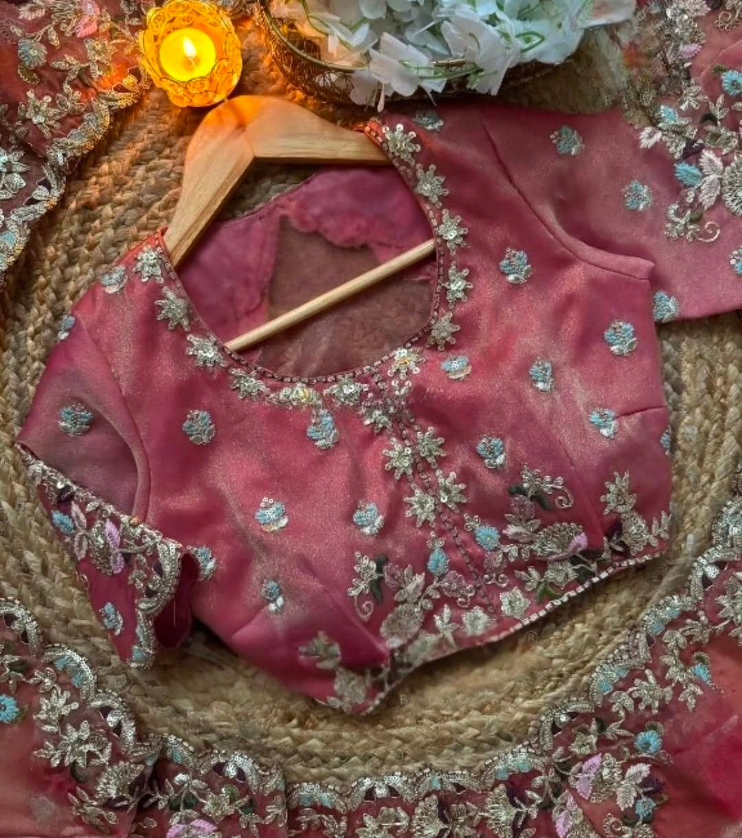 Pink chiffon saree with blouse