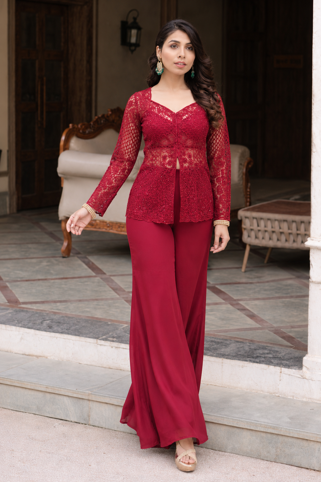 Red cape with blouse and palazzo set