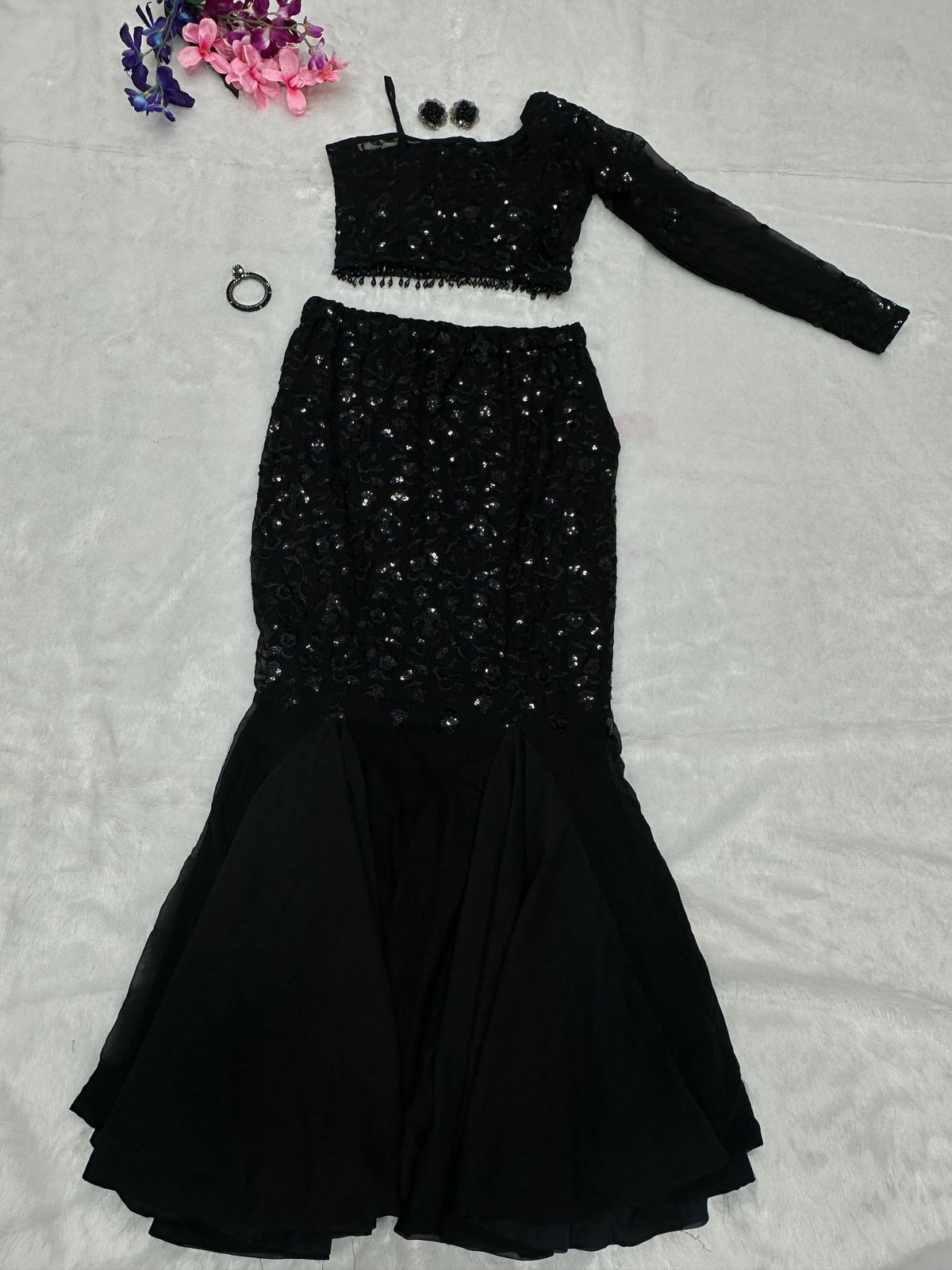Black fish cut indo western lehenga set