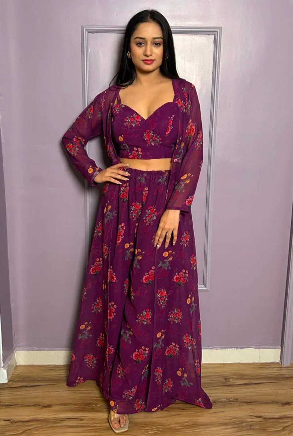 Purple printed top with cape and palazzo set