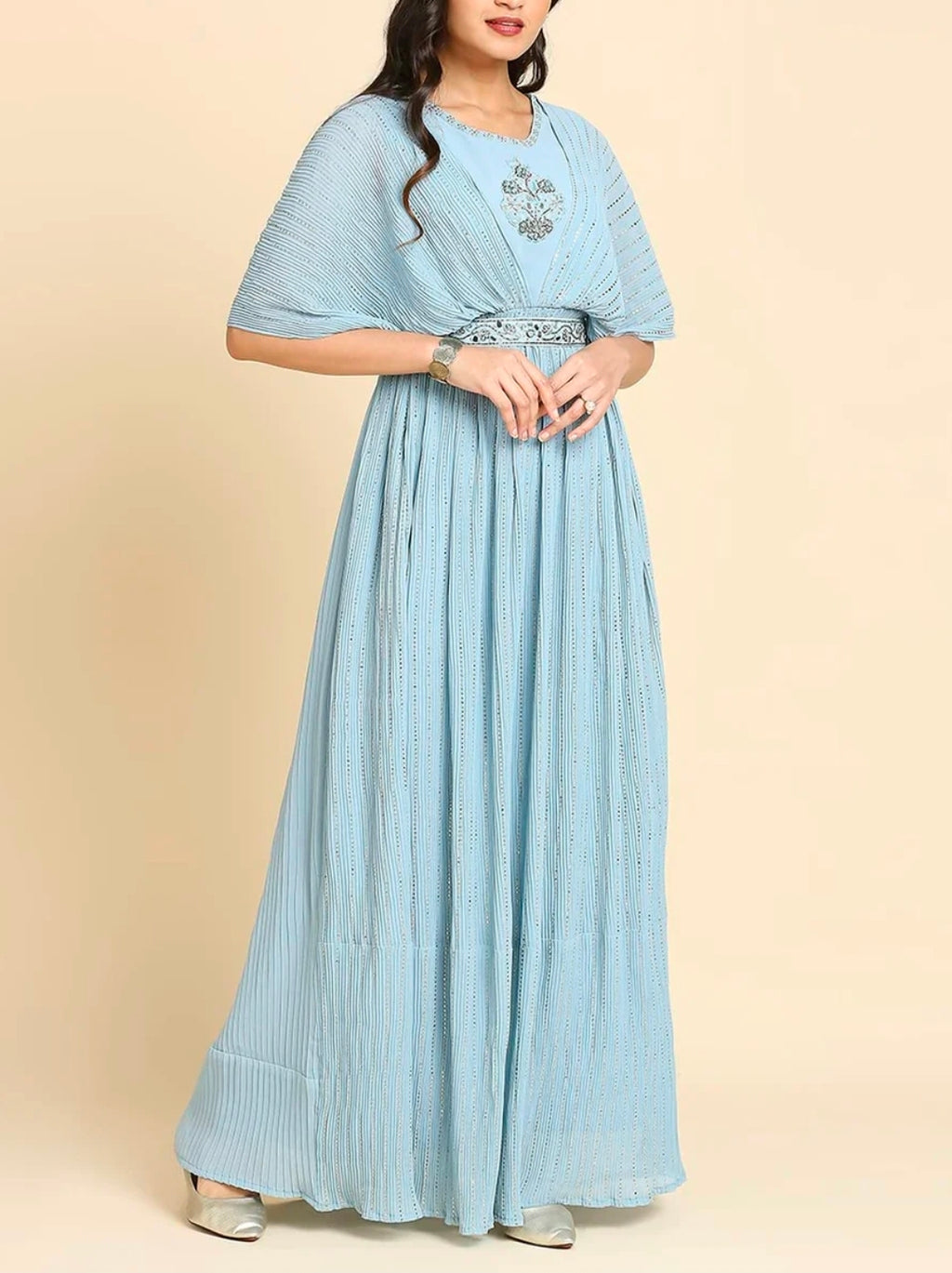 Ice blue off shoulder gown with belt