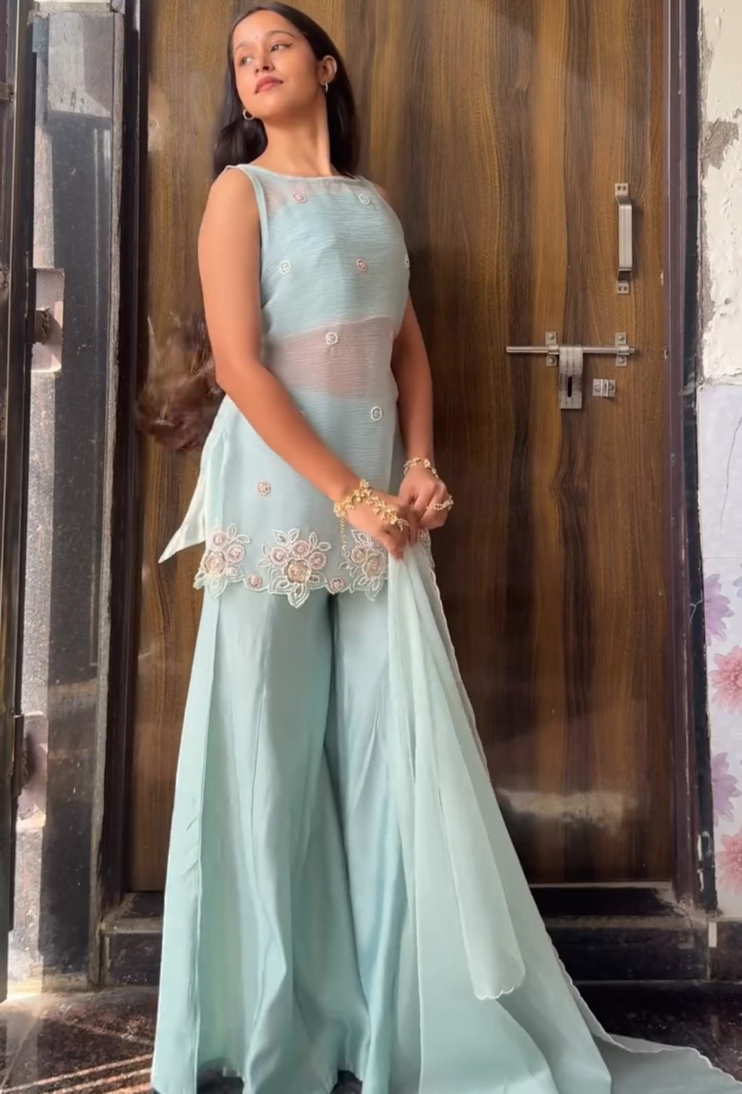 Blue handwork kurta with palazzo and dupatta set