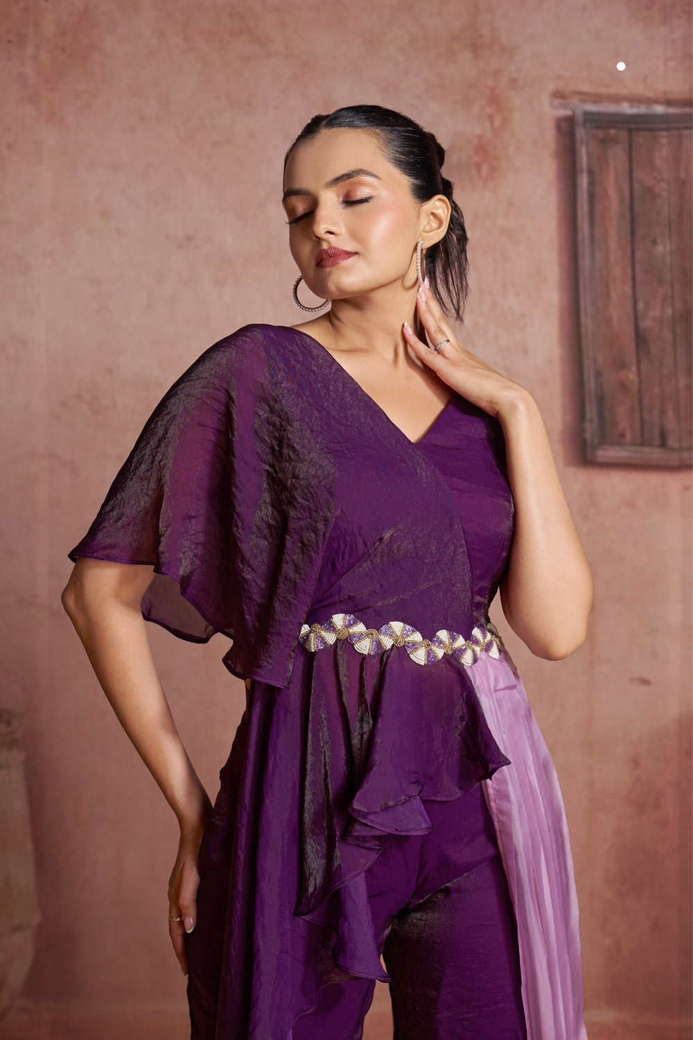 Purple indo western up down kurti with pents