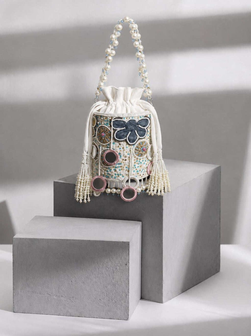 White floral pearl dangling latkan purse