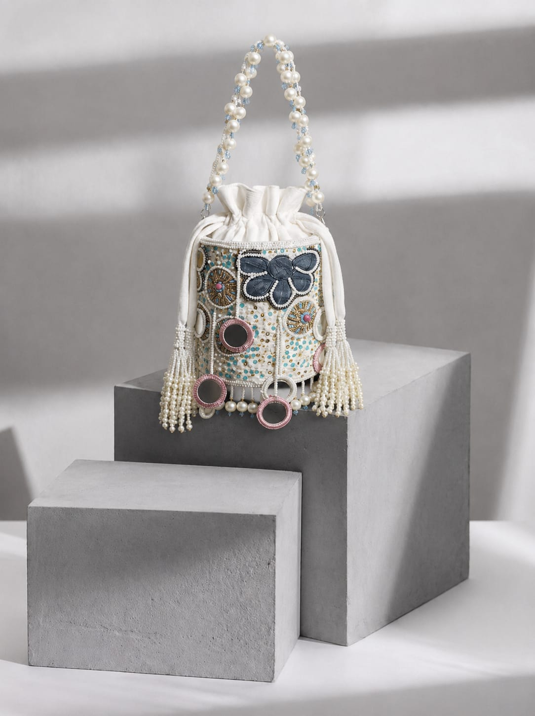 White floral pearl dangling latkan purse