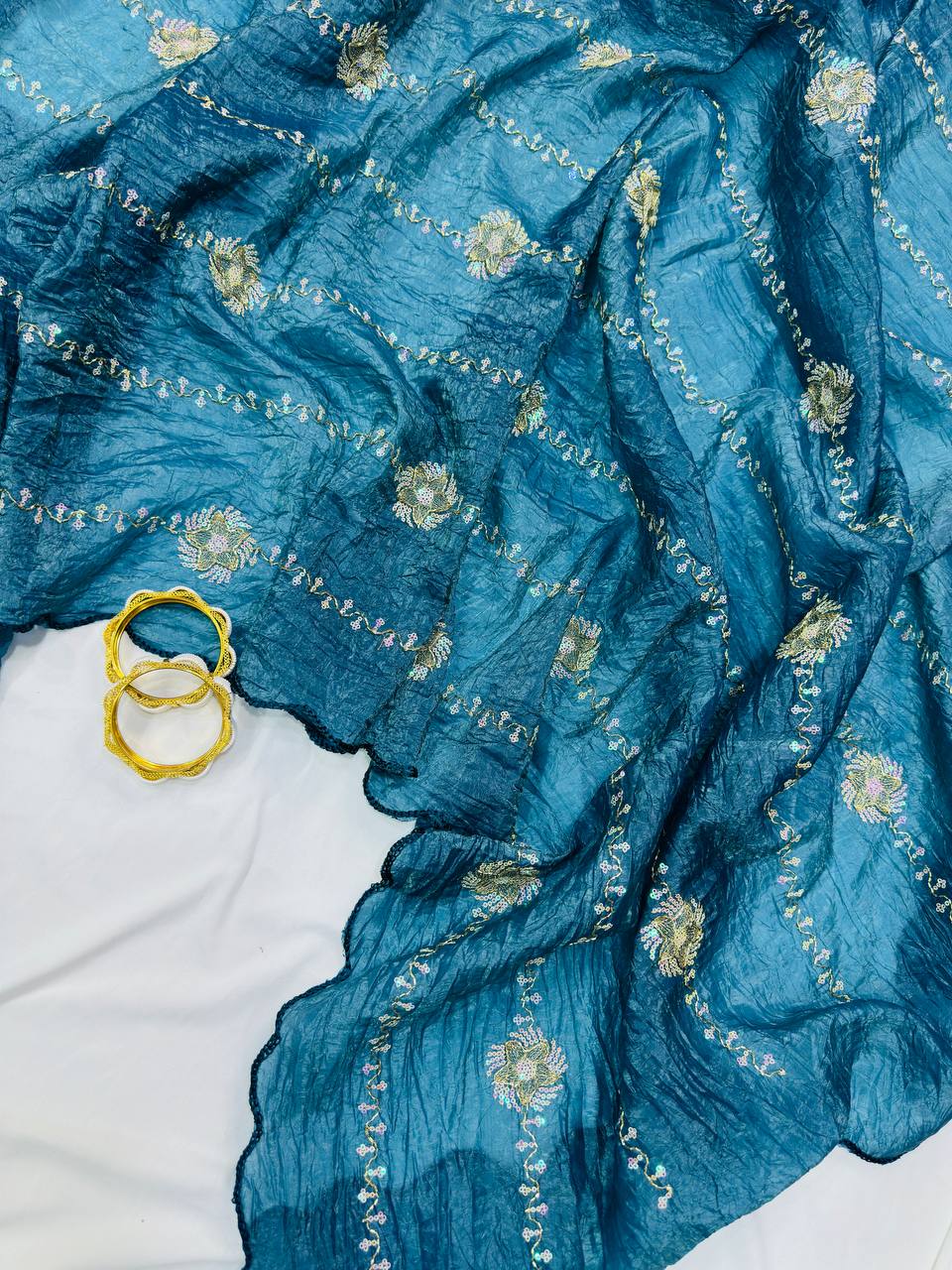 Blue crushed silk saree with blouse