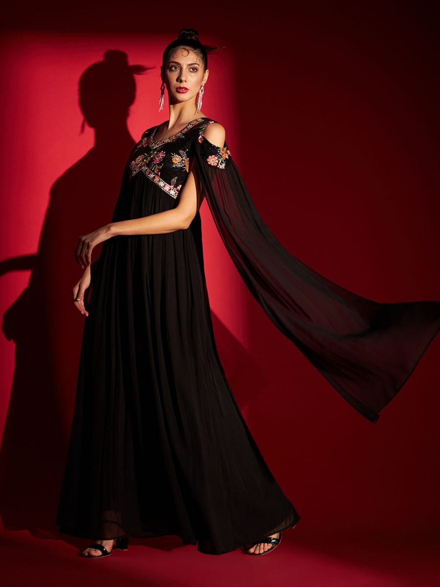 Black cold shoulder flaired long gown