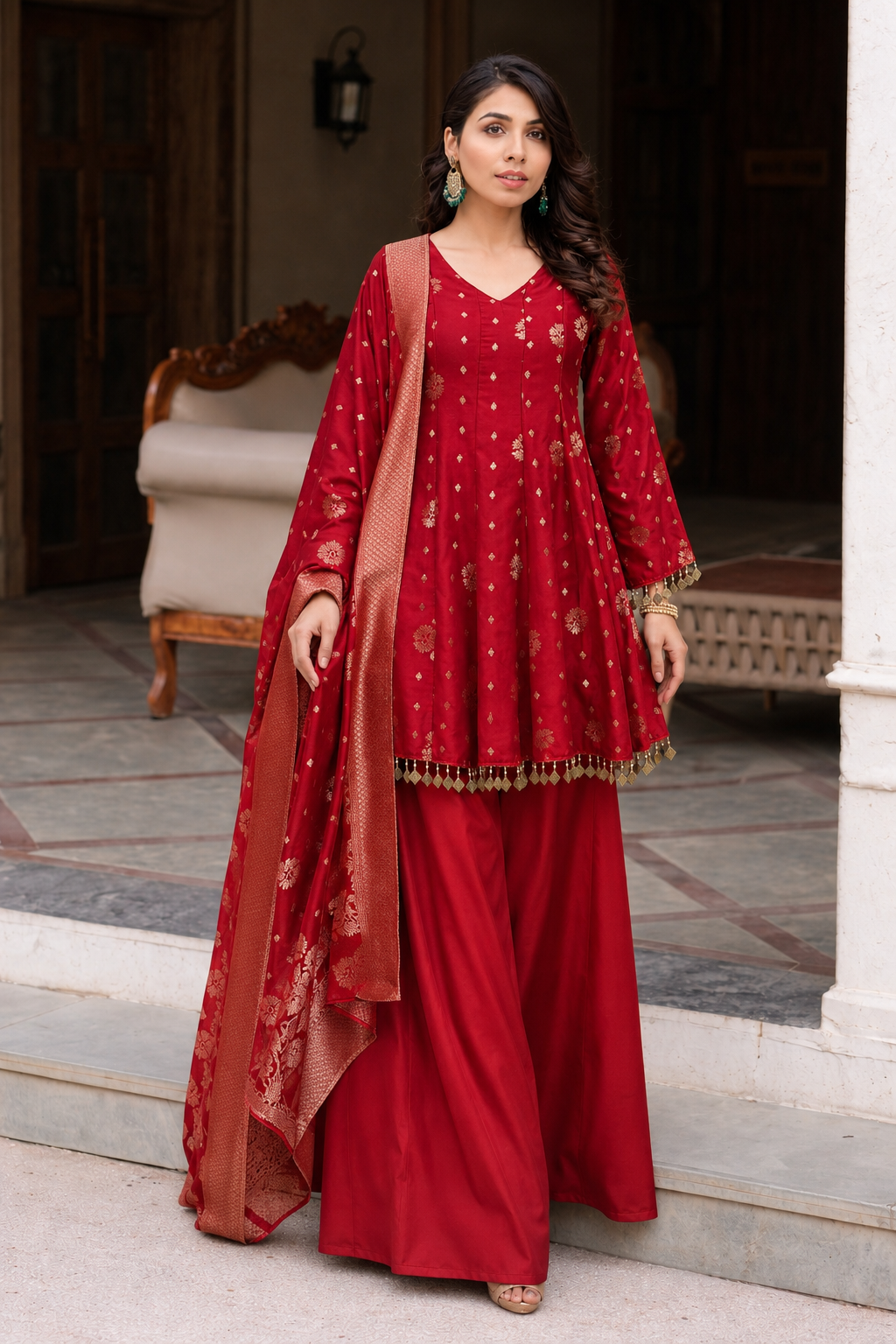 Red floral silk a line kurta palazzo set